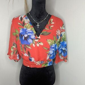Floral V-Neck Women Top - Red and Blue